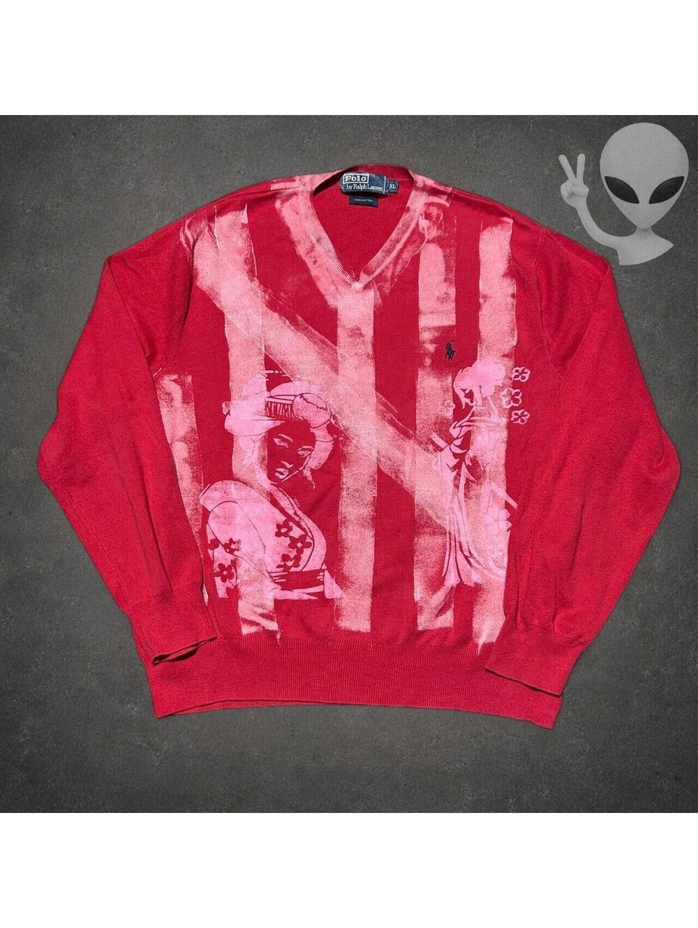 Polo Ralph Lauren V-Neck Sweater Mens XL Red Custom Japanese Geisha Graphic